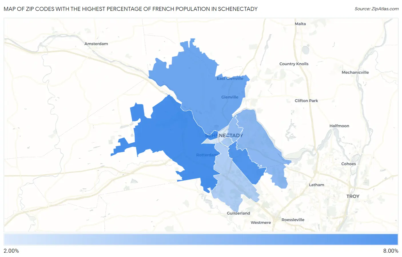 Zip Codes with the Highest Percentage of French Population in Schenectady Map
