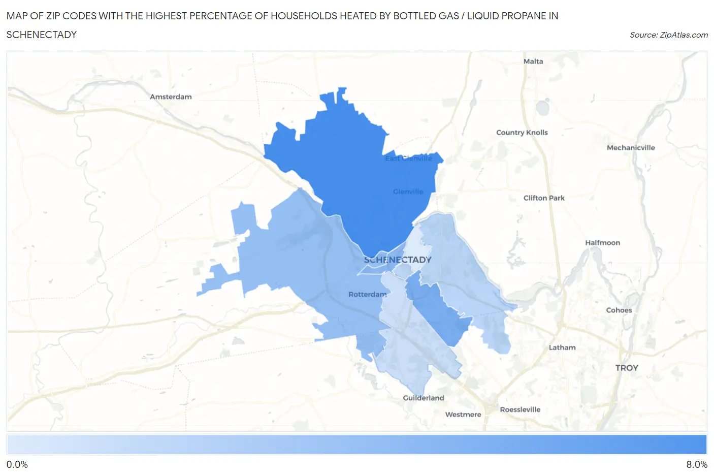 Zip Codes with the Highest Percentage of Households Heated by Bottled Gas / Liquid Propane in Schenectady Map