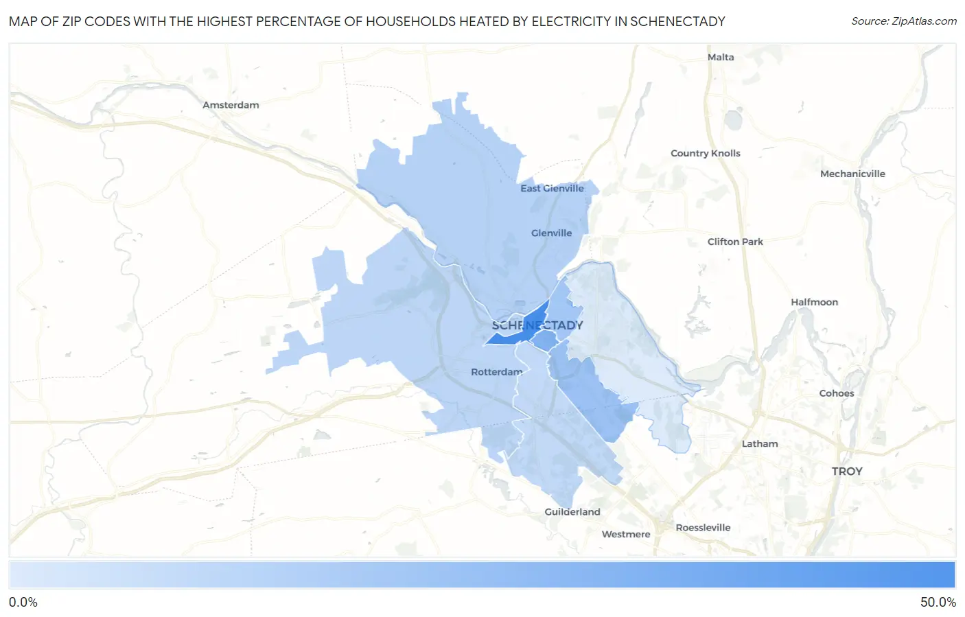 Zip Codes with the Highest Percentage of Households Heated by Electricity in Schenectady Map