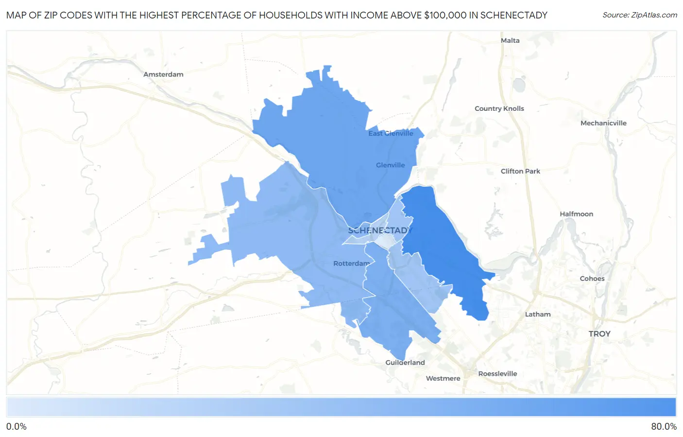Zip Codes with the Highest Percentage of Households with Income Above $100,000 in Schenectady Map