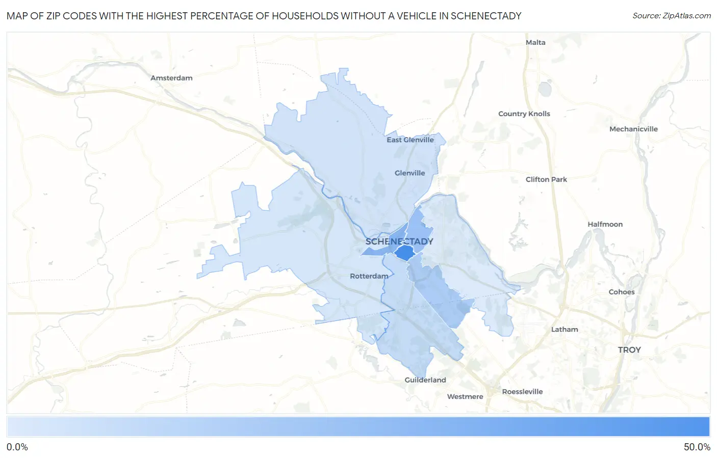 Zip Codes with the Highest Percentage of Households Without a Vehicle in Schenectady Map