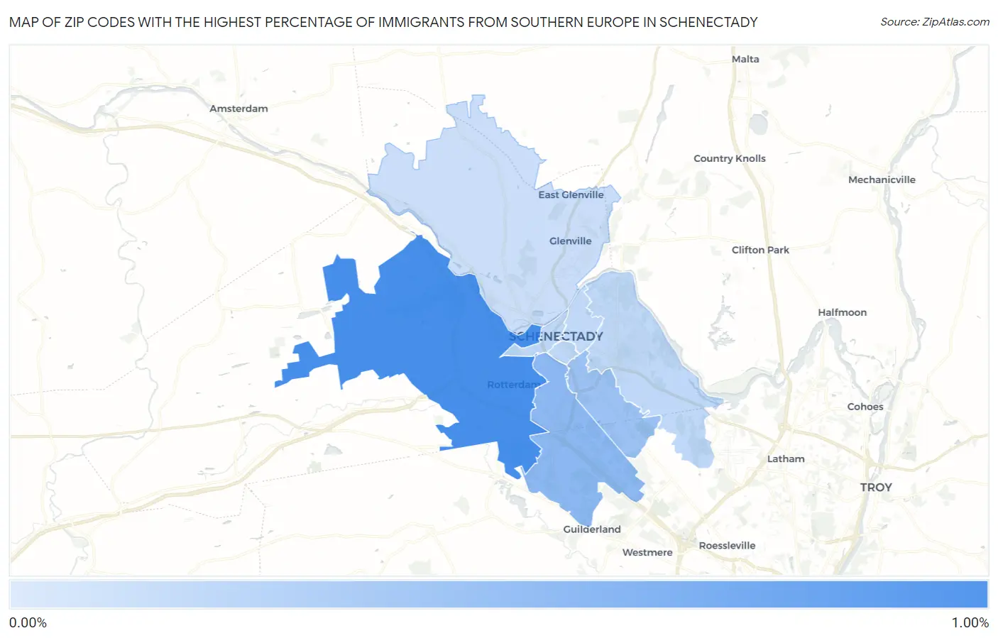 Zip Codes with the Highest Percentage of Immigrants from Southern Europe in Schenectady Map