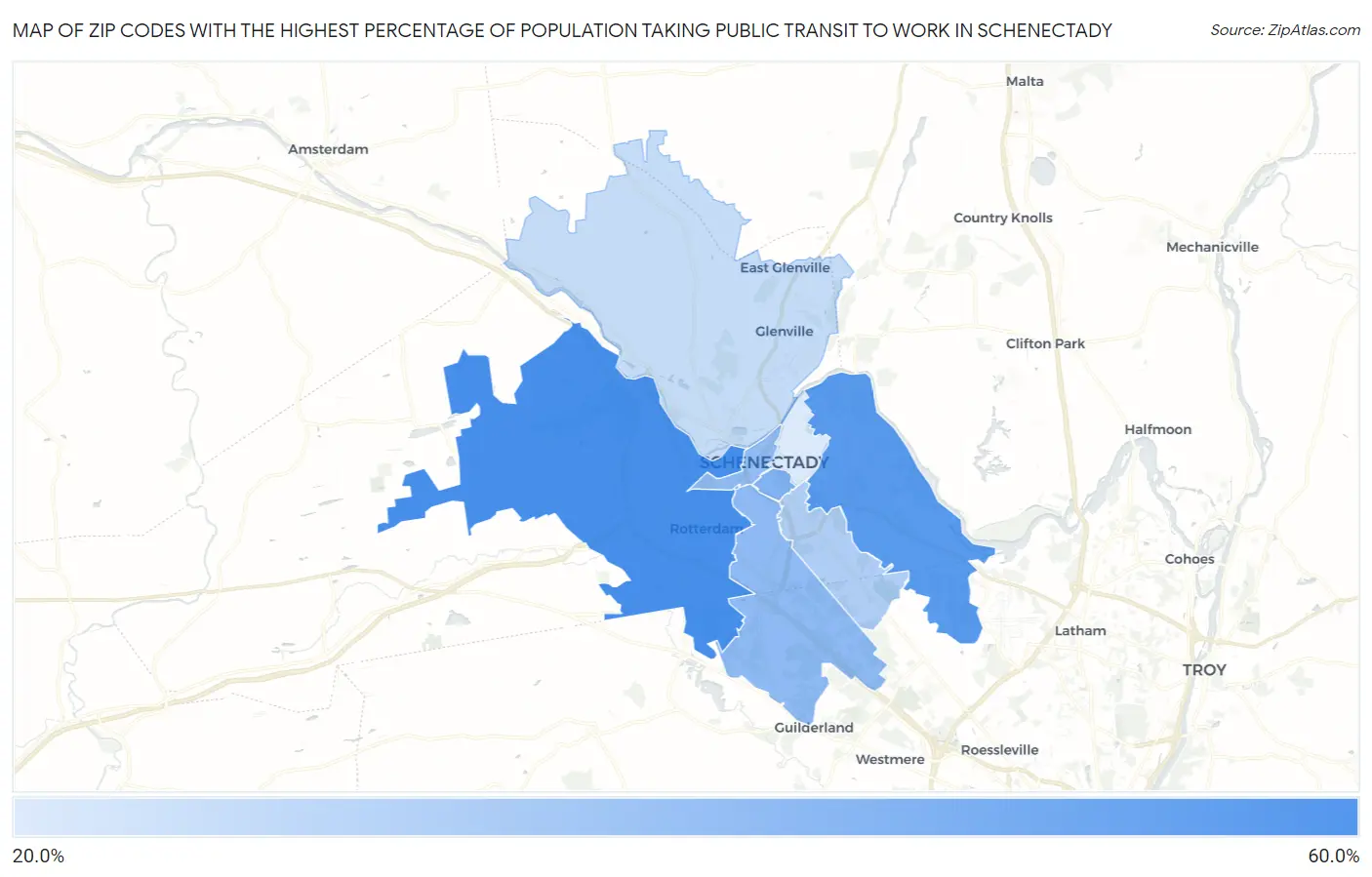Zip Codes with the Highest Percentage of Population Taking Public Transit to Work in Schenectady Map