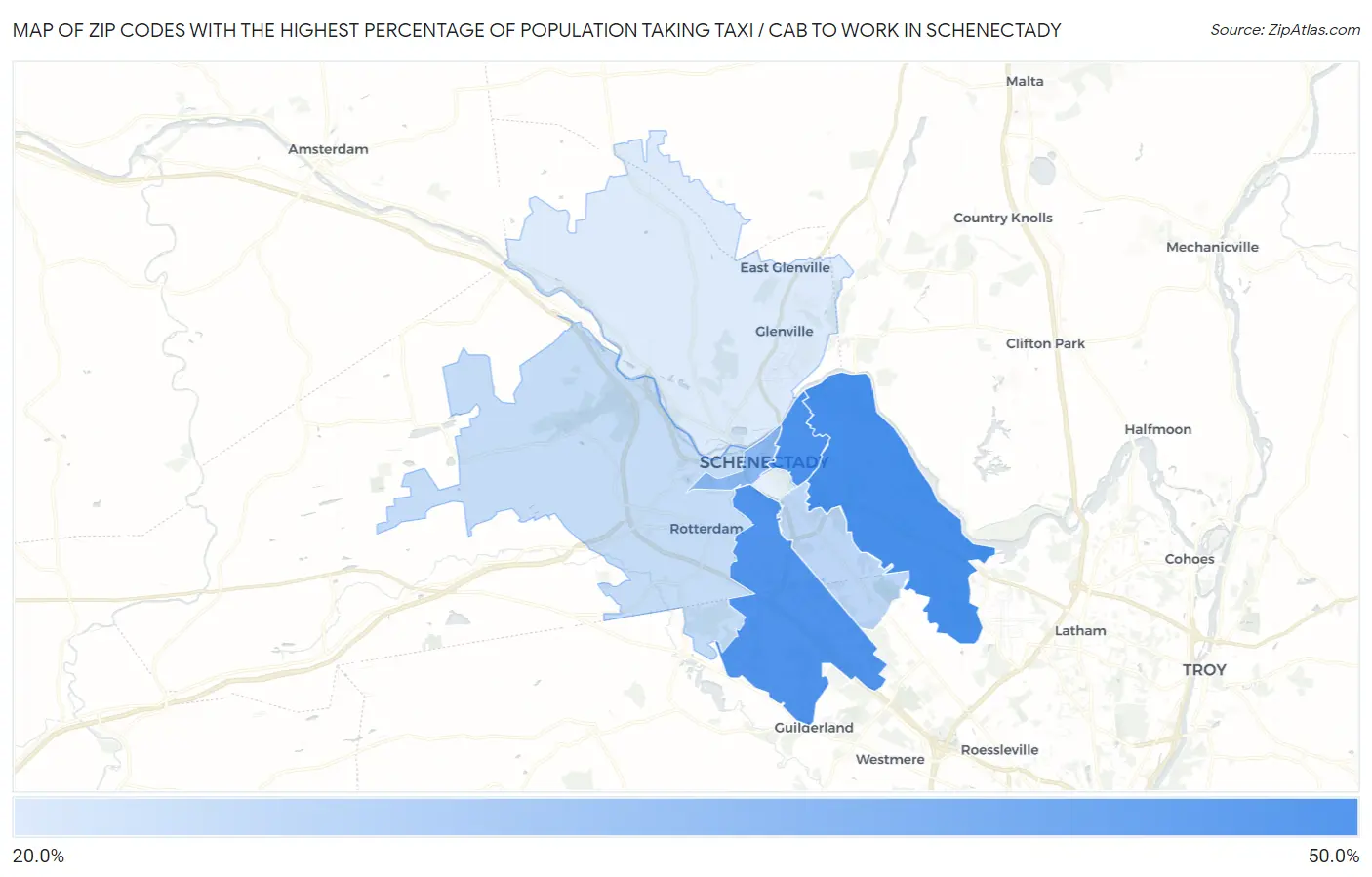 Zip Codes with the Highest Percentage of Population Taking Taxi / Cab to Work in Schenectady Map