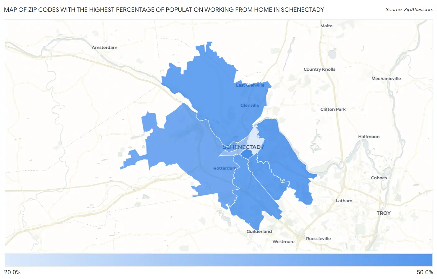 Zip Codes with the Highest Percentage of Population Working from Home in Schenectady Map
