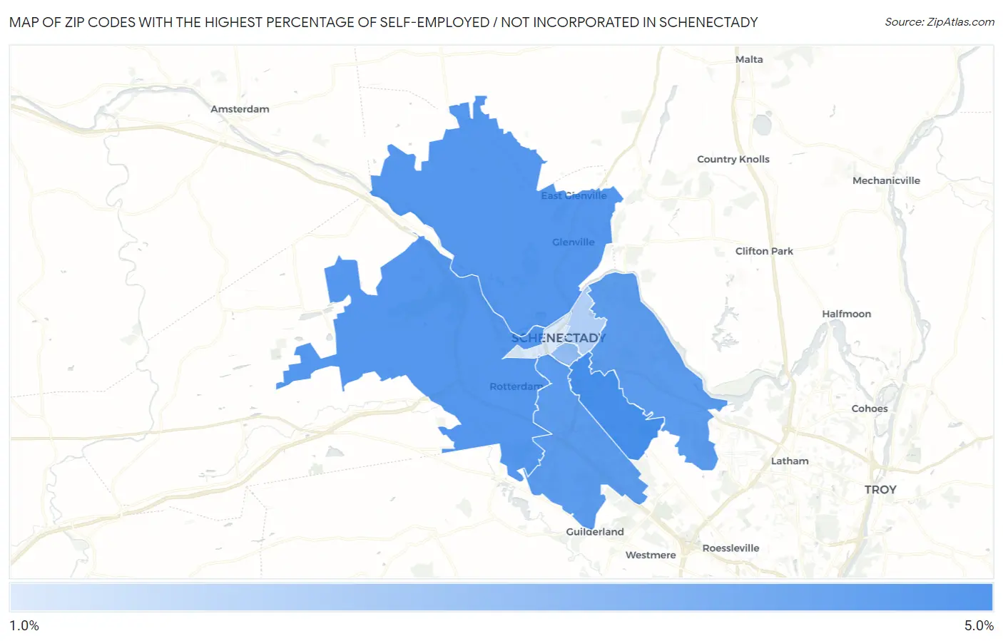 Zip Codes with the Highest Percentage of Self-Employed / Not Incorporated in Schenectady Map