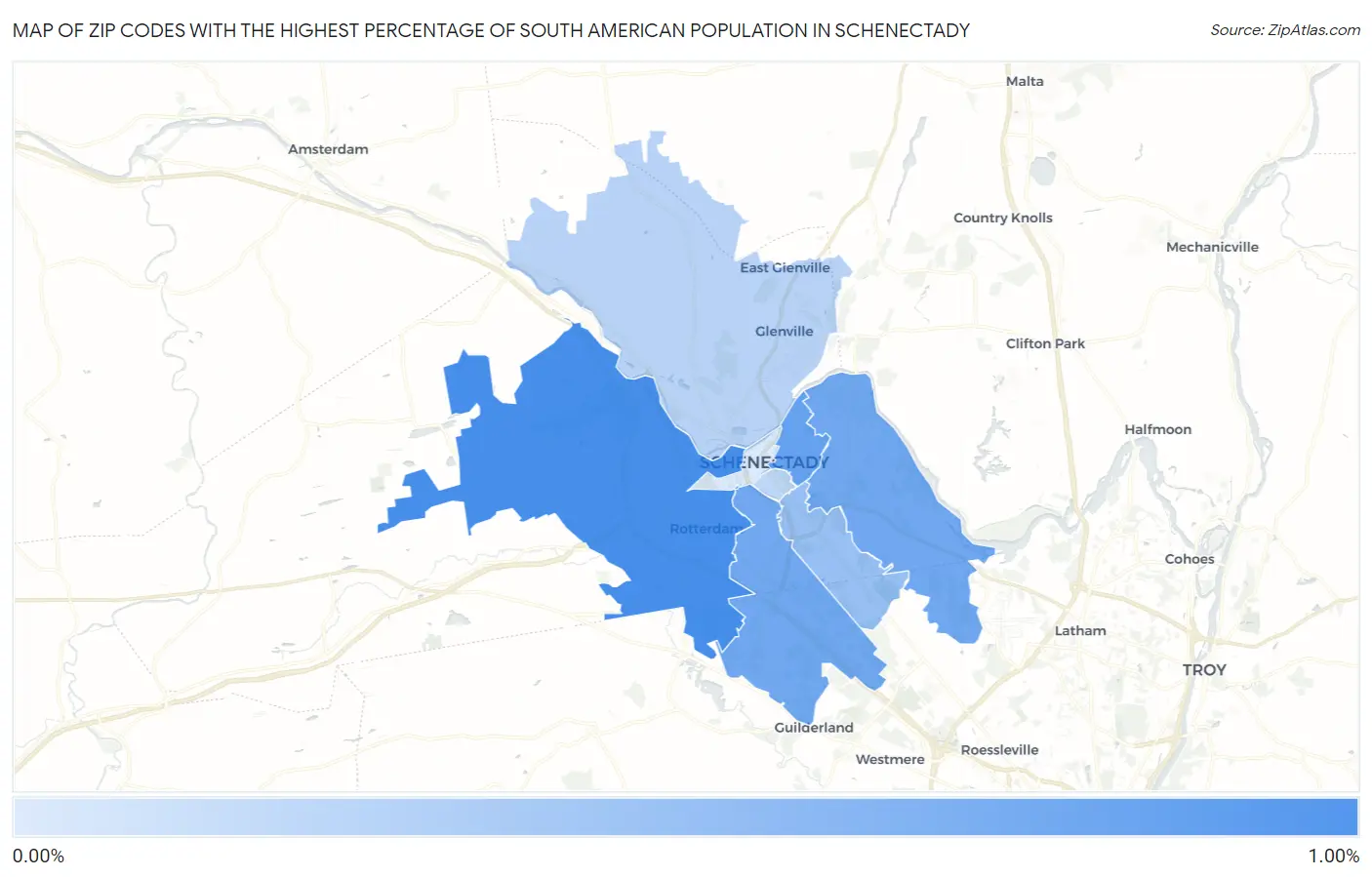 Zip Codes with the Highest Percentage of South American Population in Schenectady Map