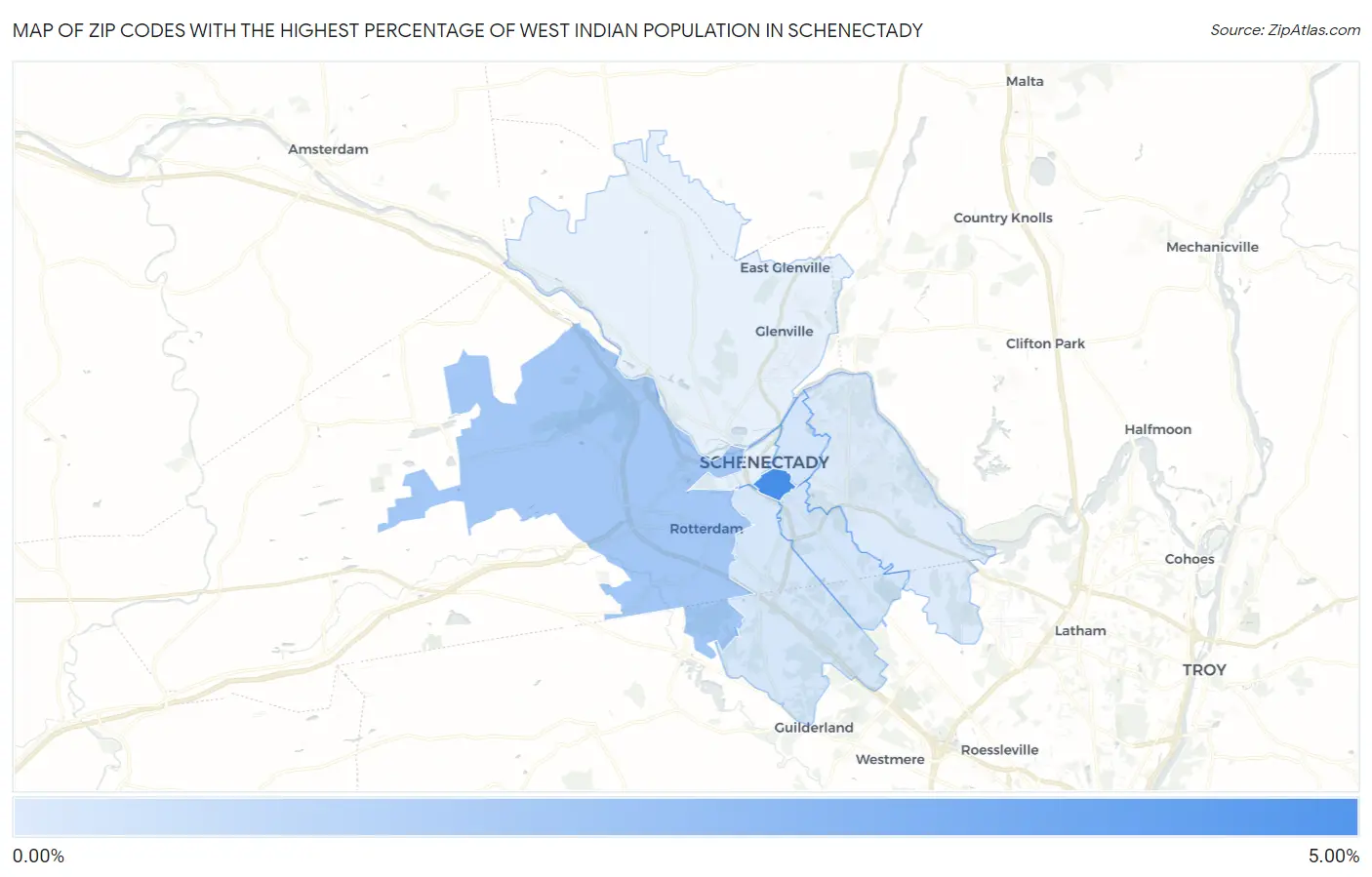 Zip Codes with the Highest Percentage of West Indian Population in Schenectady Map