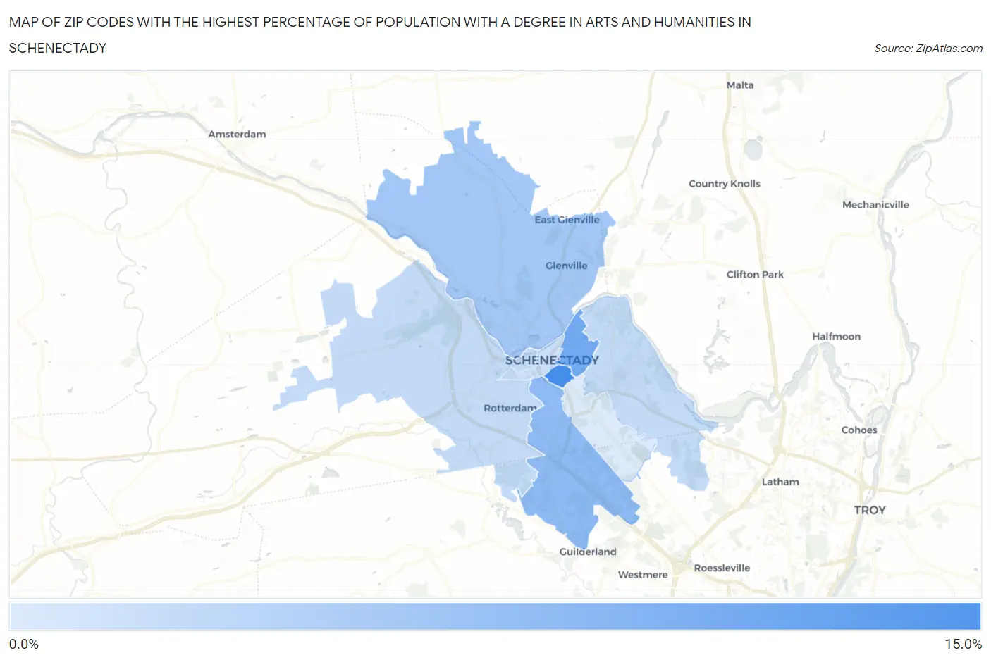 Zip Codes with the Highest Percentage of Population with a Degree in Arts and Humanities in Schenectady Map