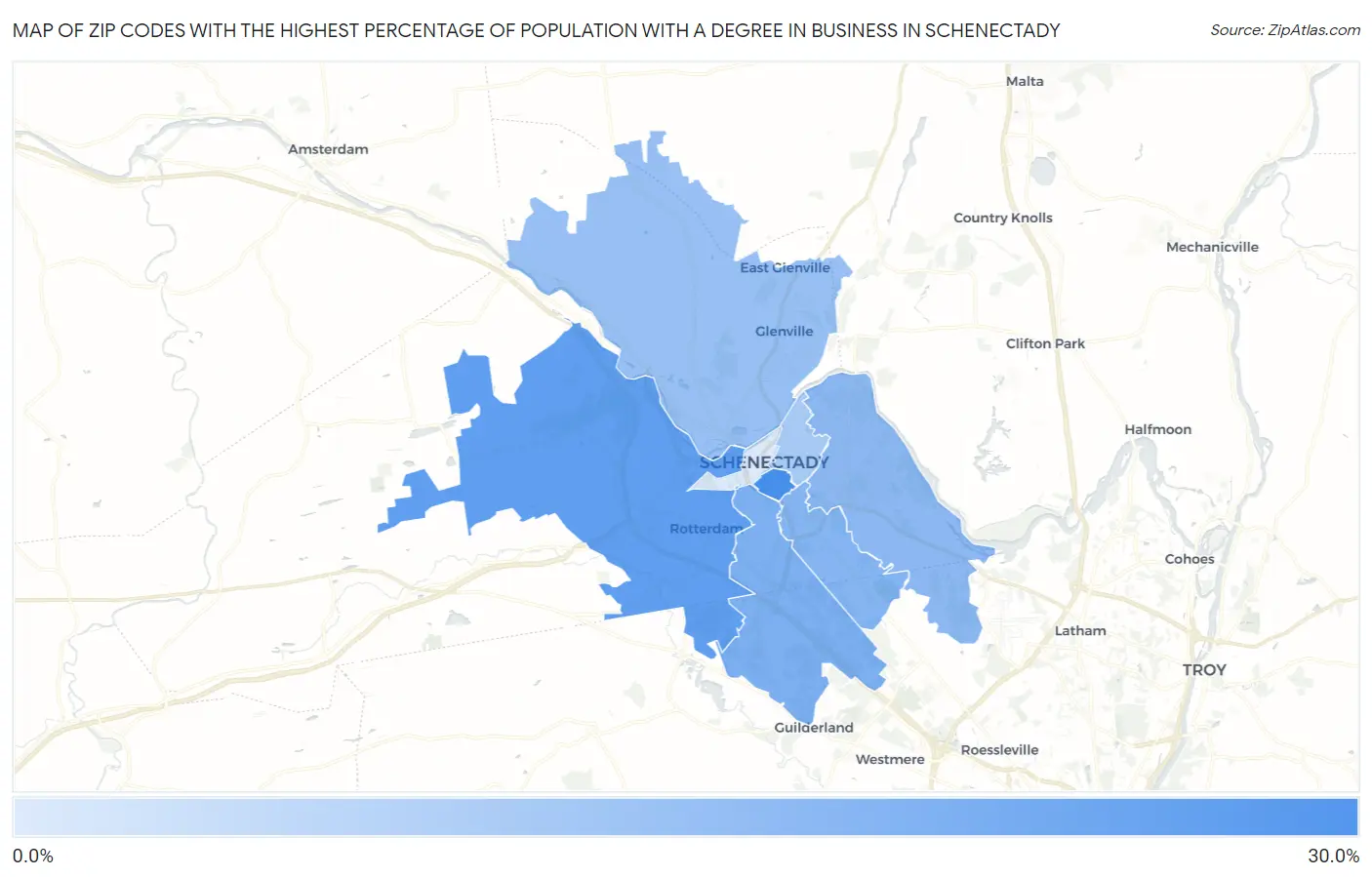 Zip Codes with the Highest Percentage of Population with a Degree in Business in Schenectady Map