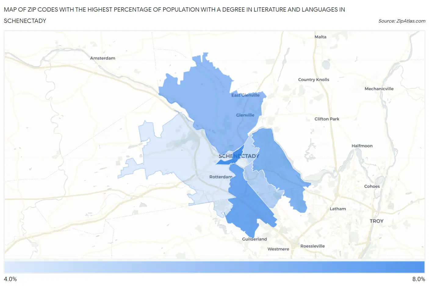 Zip Codes with the Highest Percentage of Population with a Degree in Literature and Languages in Schenectady Map
