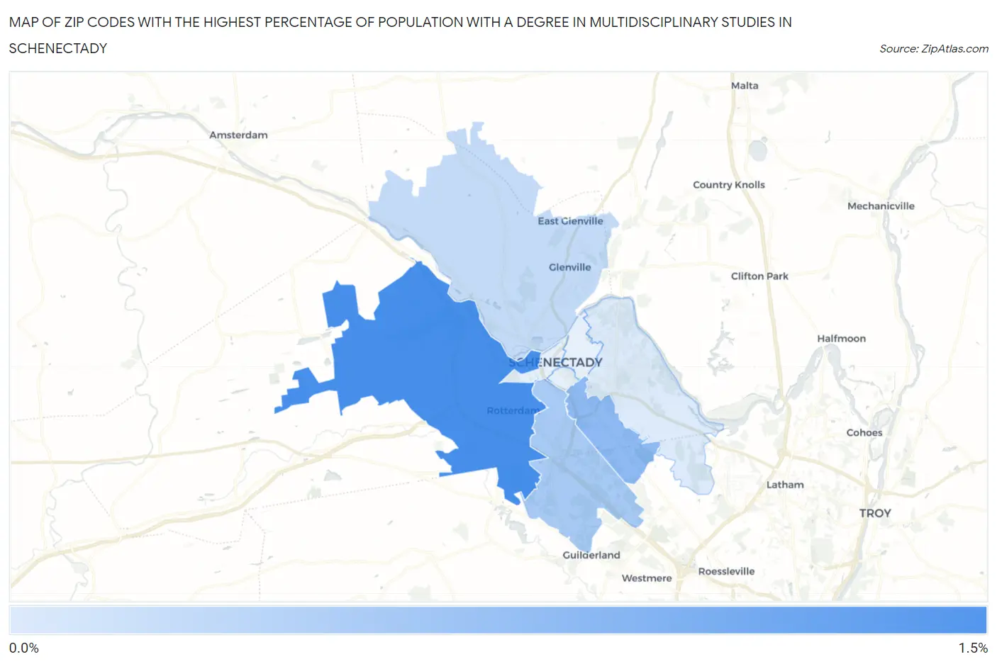 Zip Codes with the Highest Percentage of Population with a Degree in Multidisciplinary Studies in Schenectady Map