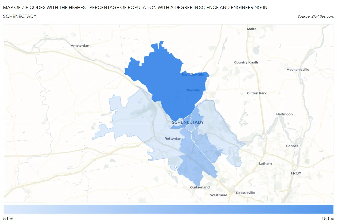Zip Codes with the Highest Percentage of Population with a Degree in Science and Engineering in Schenectady Map