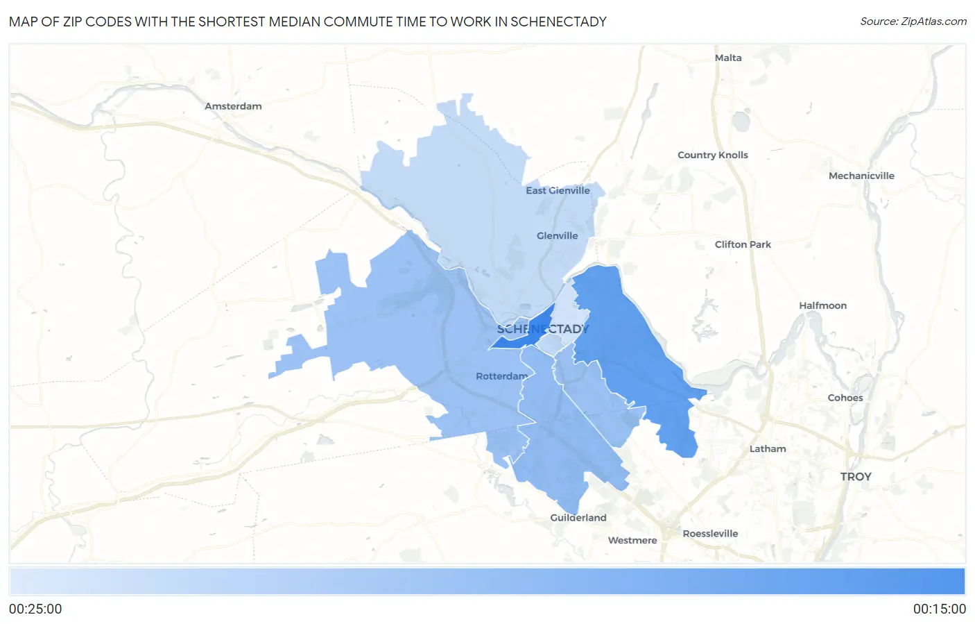 Zip Codes with the Shortest Median Commute Time to Work in Schenectady Map