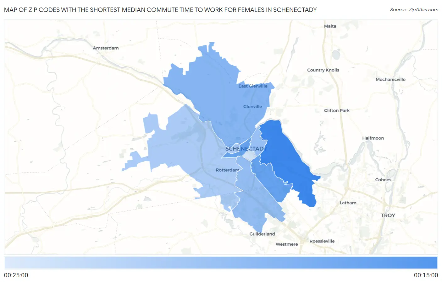 Zip Codes with the Shortest Median Commute Time to Work for Females in Schenectady Map