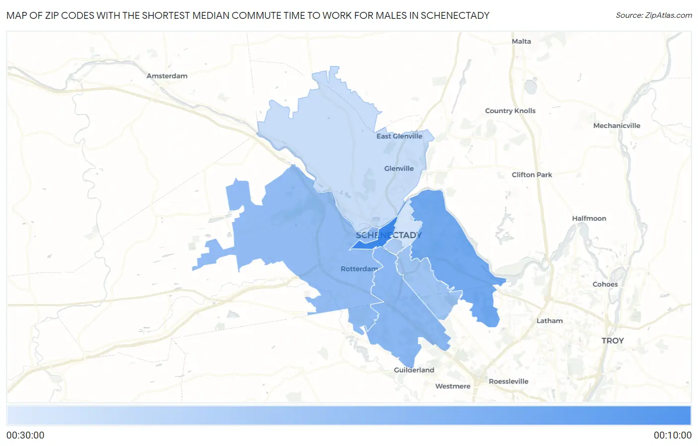 Zip Codes with the Shortest Median Commute Time to Work for Males in Schenectady Map