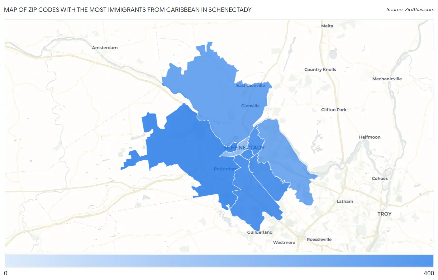 Zip Codes with the Most Immigrants from Caribbean in Schenectady Map