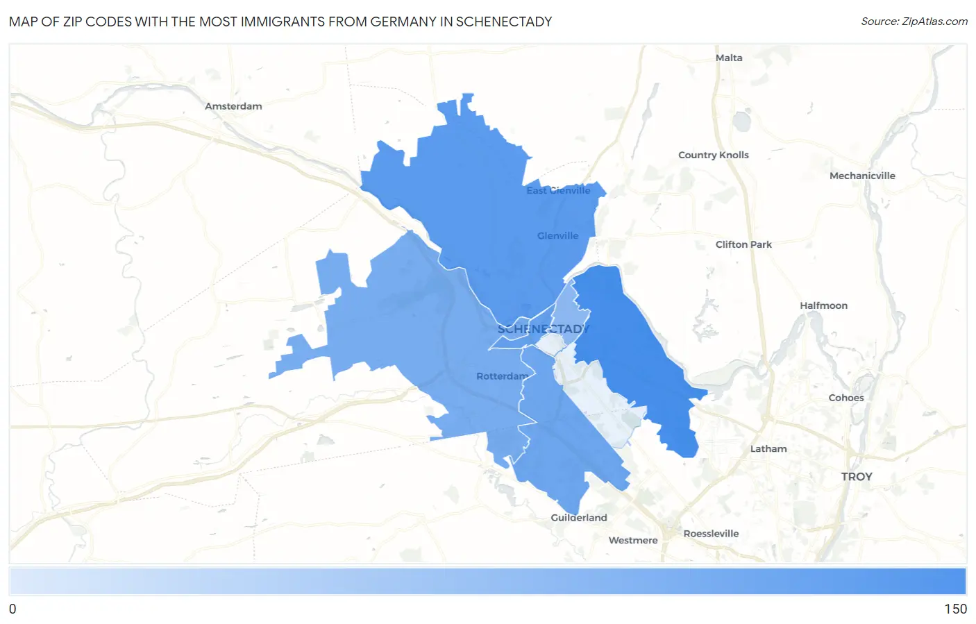 Zip Codes with the Most Immigrants from Germany in Schenectady Map