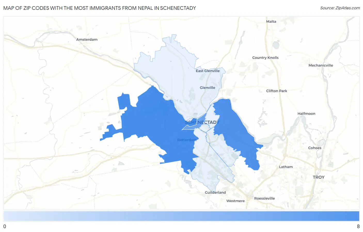 Zip Codes with the Most Immigrants from Nepal in Schenectady Map