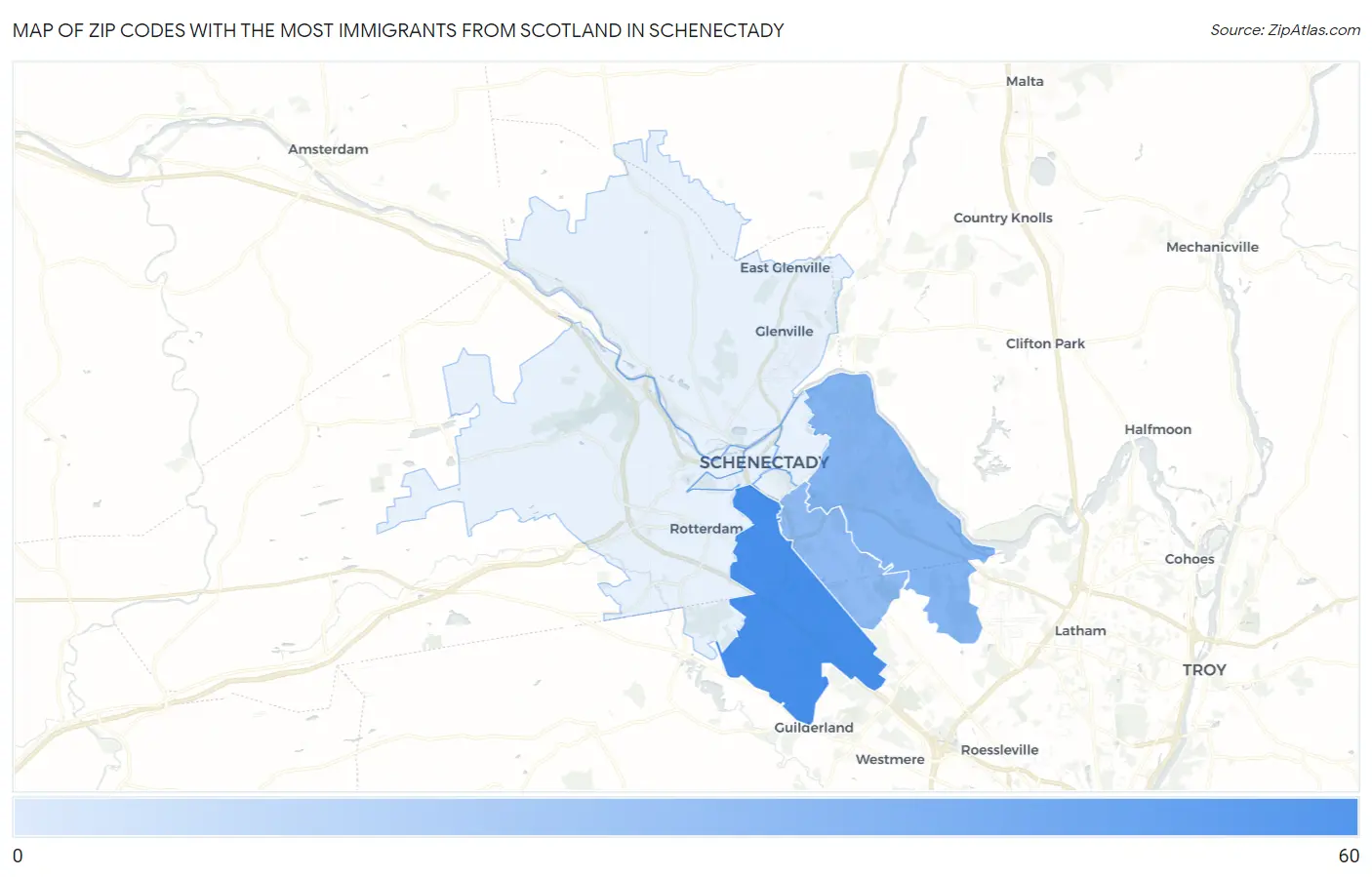 Zip Codes with the Most Immigrants from Scotland in Schenectady Map
