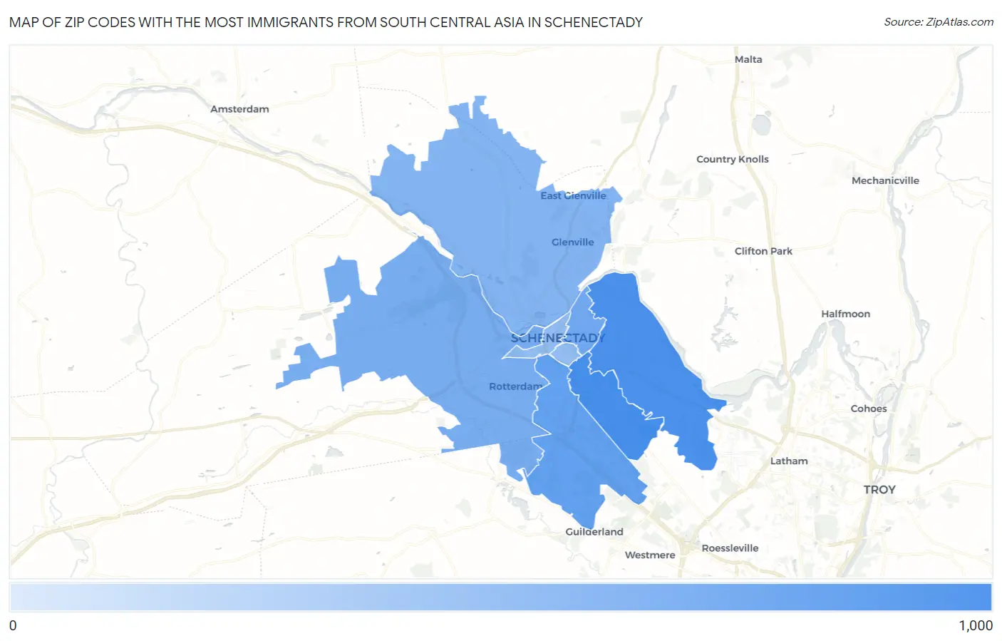 Zip Codes with the Most Immigrants from South Central Asia in Schenectady Map
