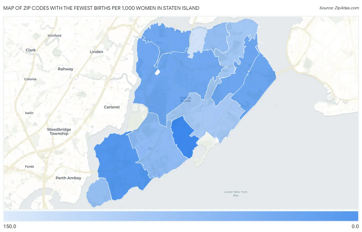 Zip Codes with the Fewest Births per 1,000 Women in Staten Island Map