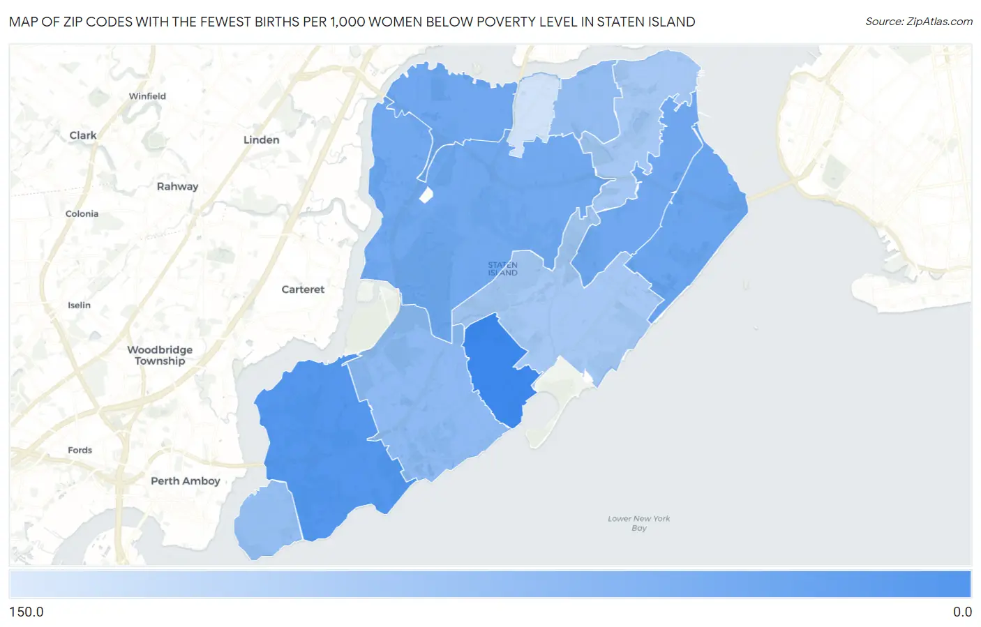 Zip Codes with the Fewest Births per 1,000 Women Below Poverty Level in Staten Island Map