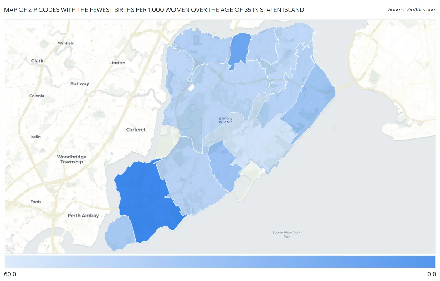 Zip Codes with the Fewest Births per 1,000 Women Over the Age of 35 in Staten Island Map