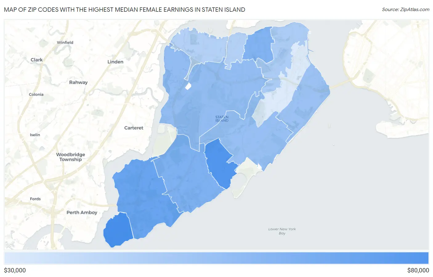 Zip Codes with the Highest Median Female Earnings in Staten Island Map