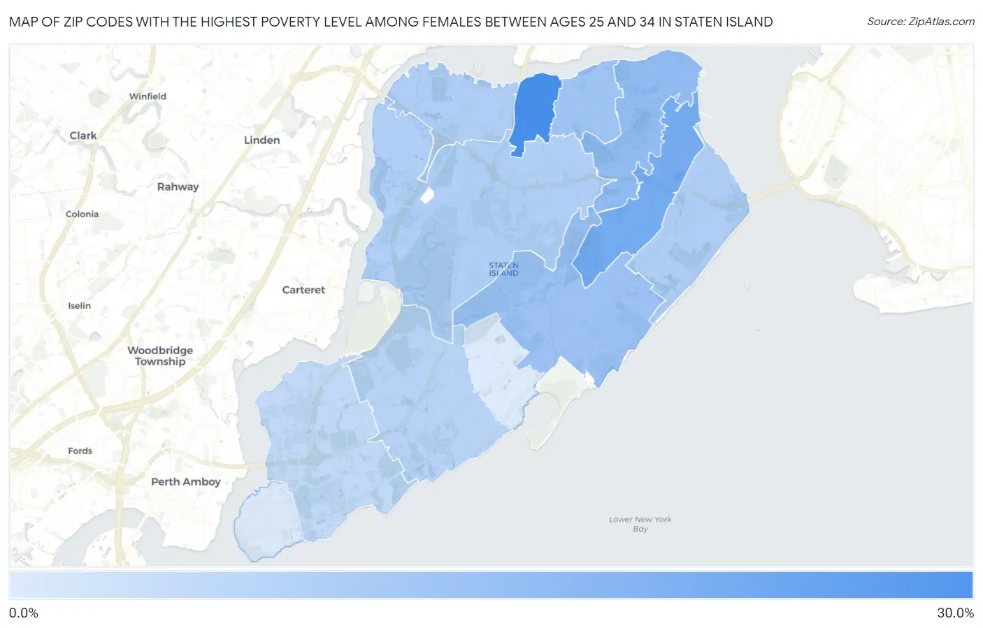 Zip Codes with the Highest Poverty Level Among Females Between Ages 25 and 34 in Staten Island Map