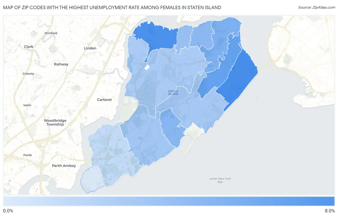 Zip Codes with the Highest Unemployment Rate Among Females in Staten Island Map