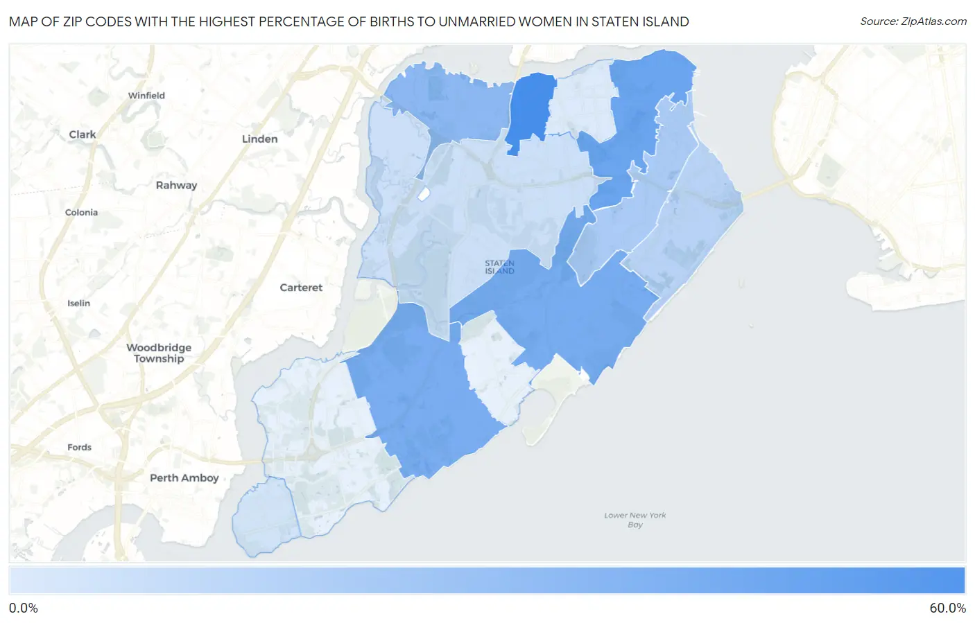Zip Codes with the Highest Percentage of Births to Unmarried Women in Staten Island Map
