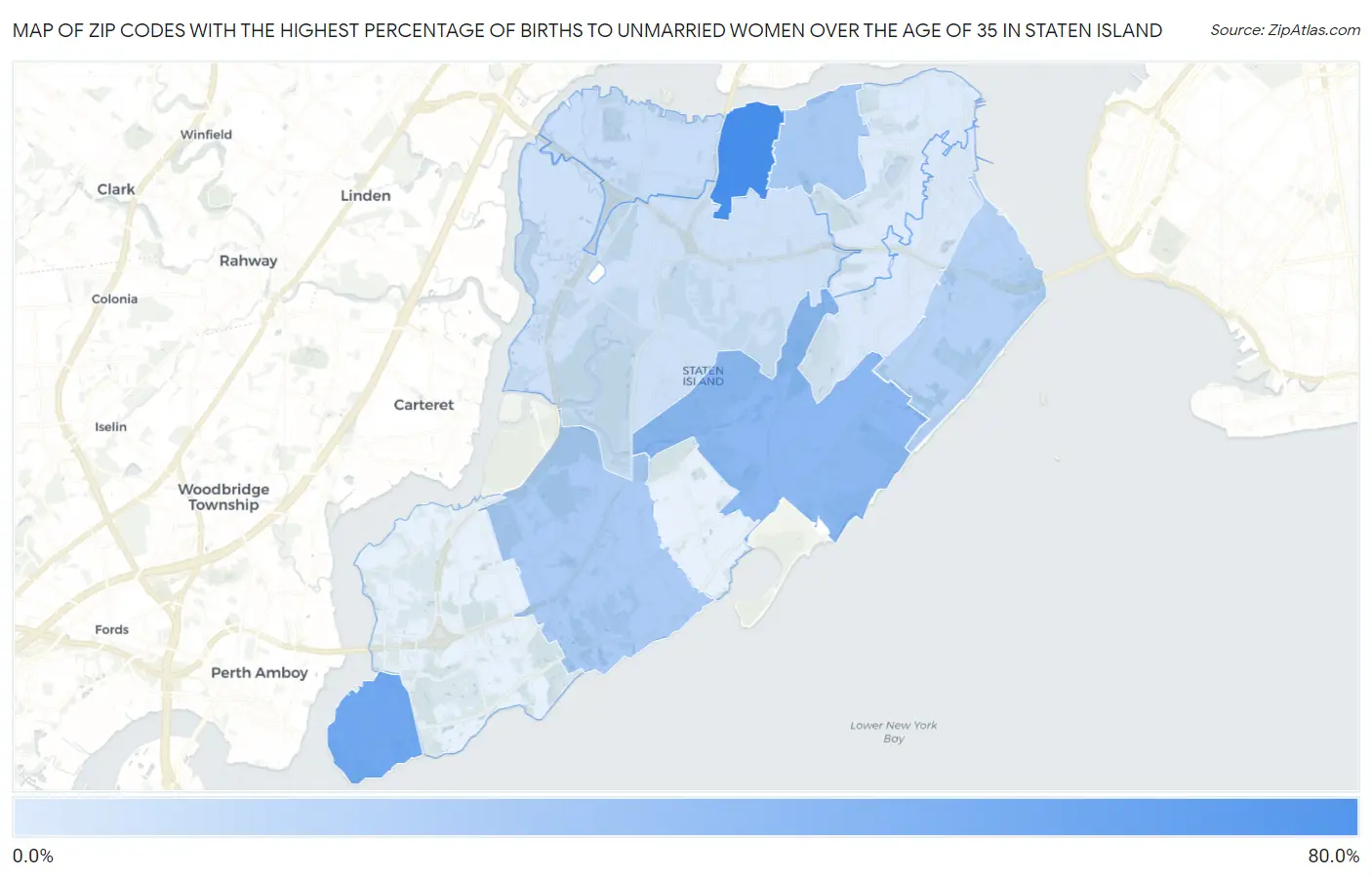 Zip Codes with the Highest Percentage of Births to Unmarried Women over the Age of 35 in Staten Island Map