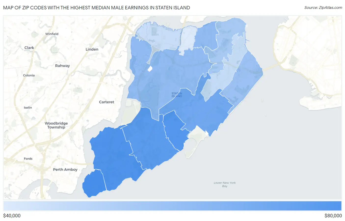 Zip Codes with the Highest Median Male Earnings in Staten Island Map