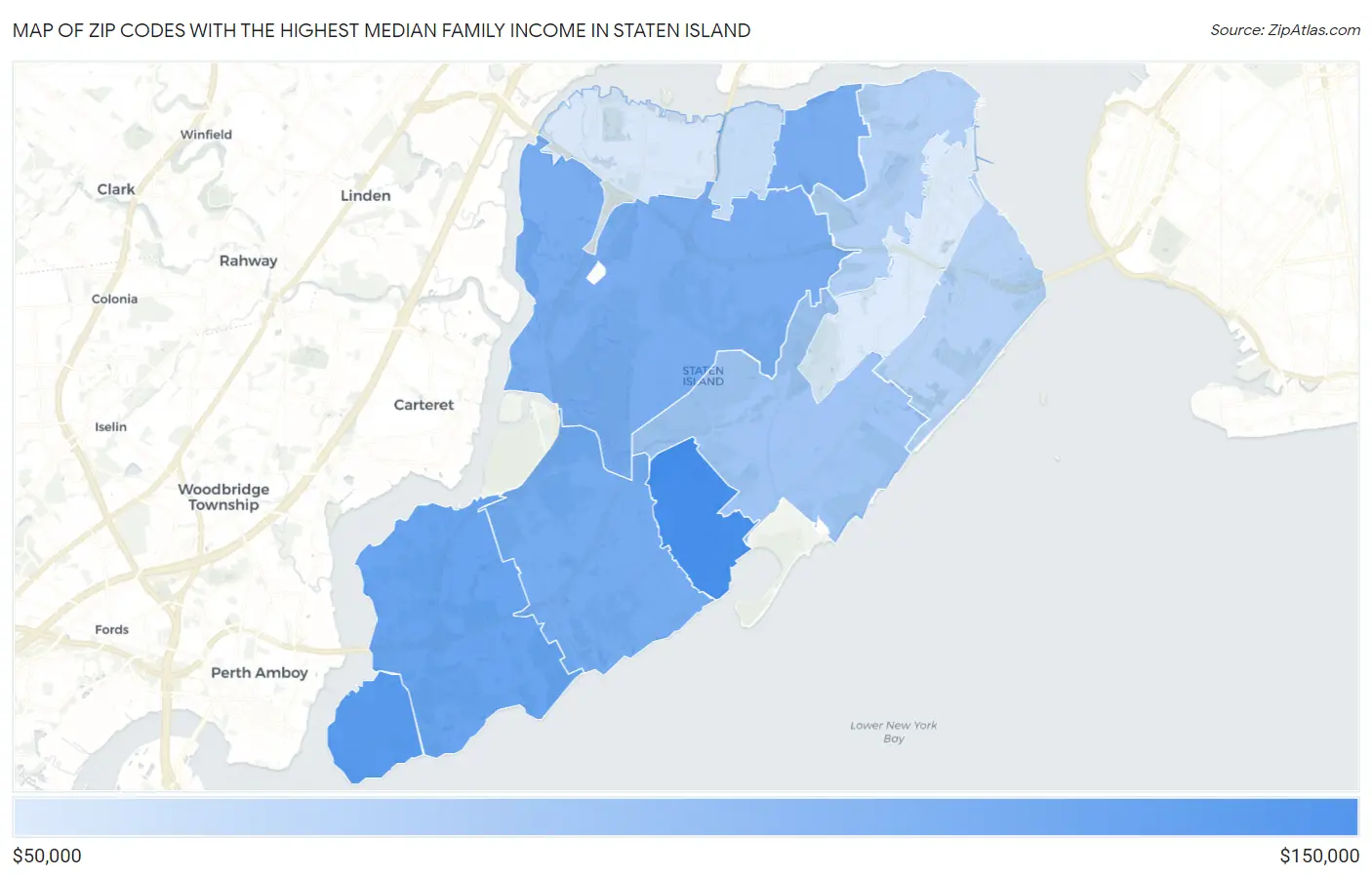 Zip Codes with the Highest Median Family Income in Staten Island Map