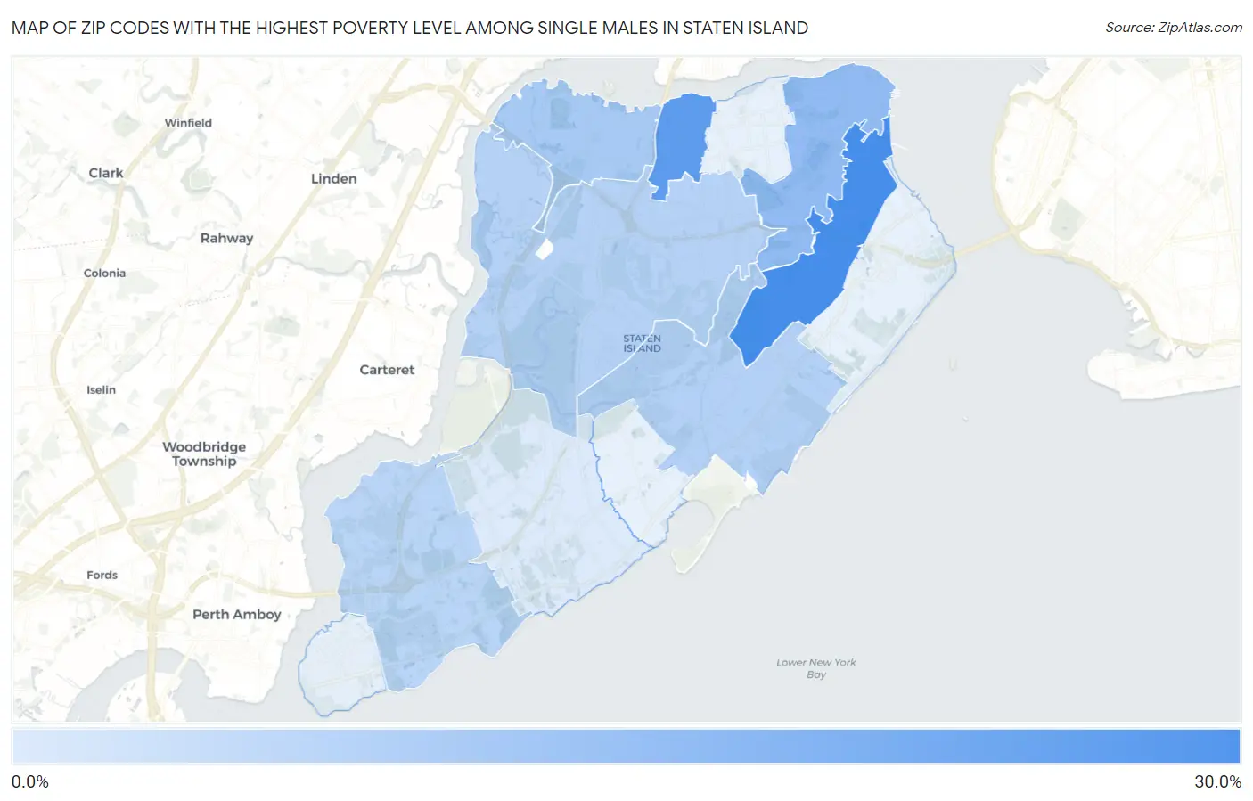 Zip Codes with the Highest Poverty Level Among Single Males in Staten Island Map