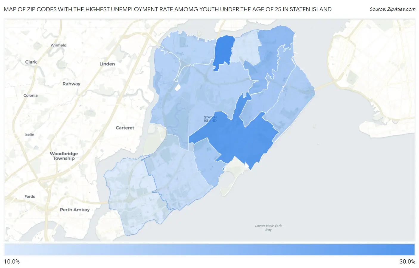Zip Codes with the Highest Unemployment Rate Amomg Youth Under the Age of 25 in Staten Island Map