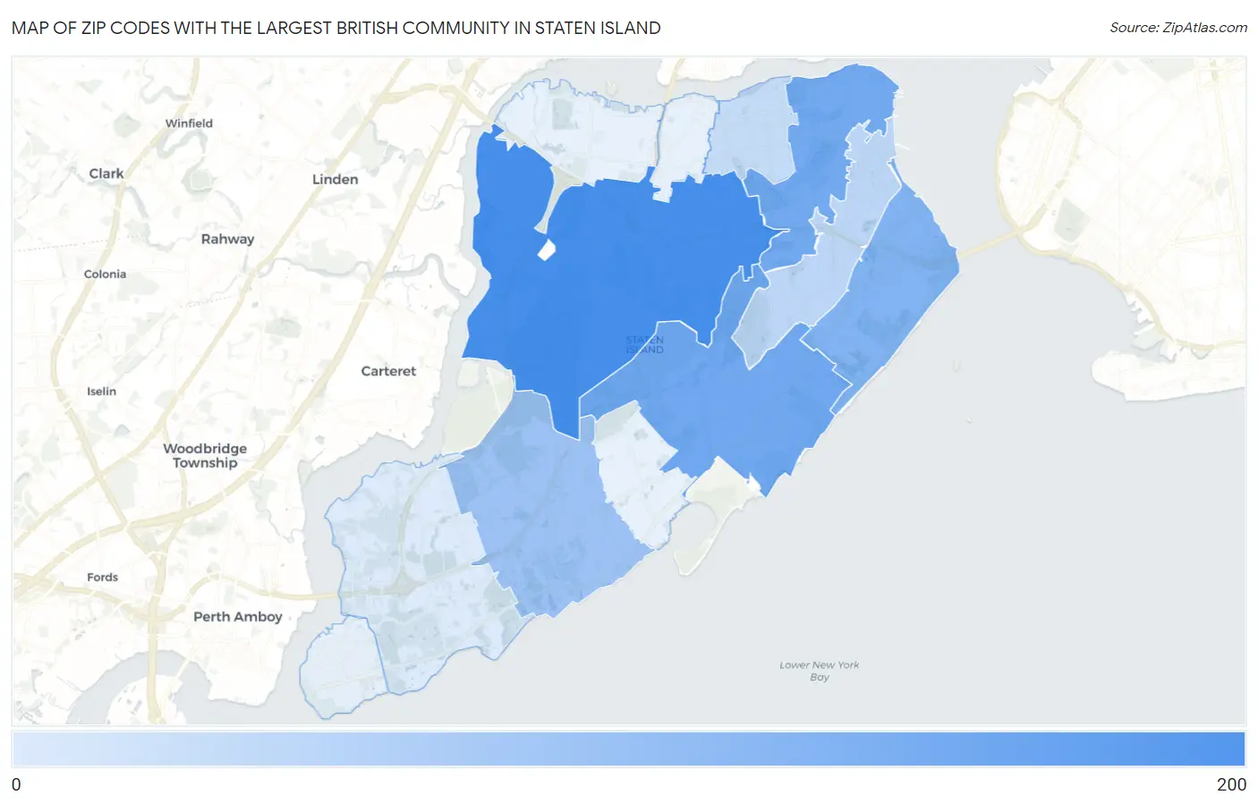 Zip Codes with the Largest British Community in Staten Island Map