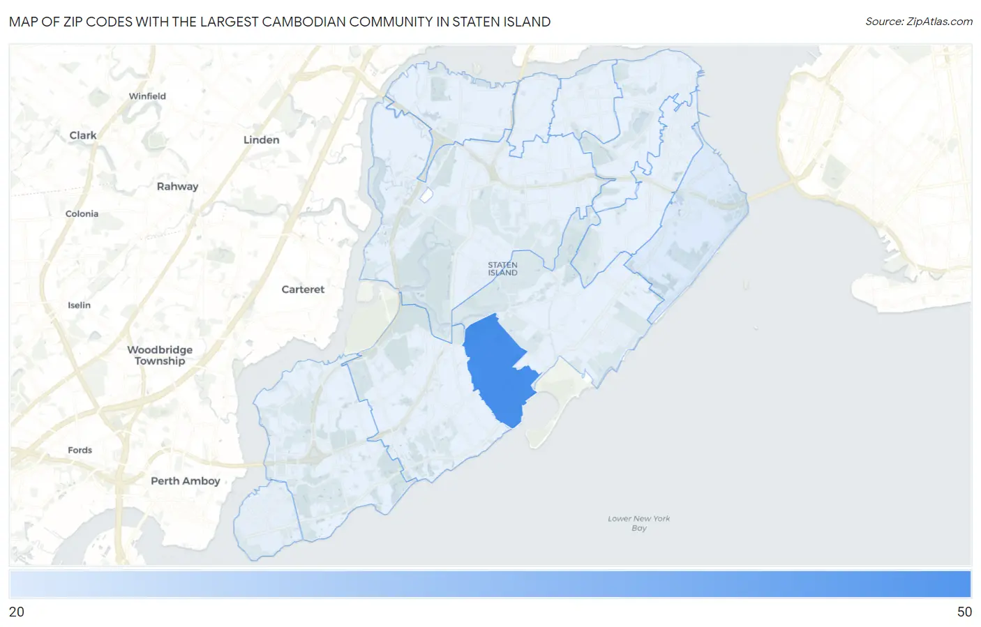 Zip Codes with the Largest Cambodian Community in Staten Island Map