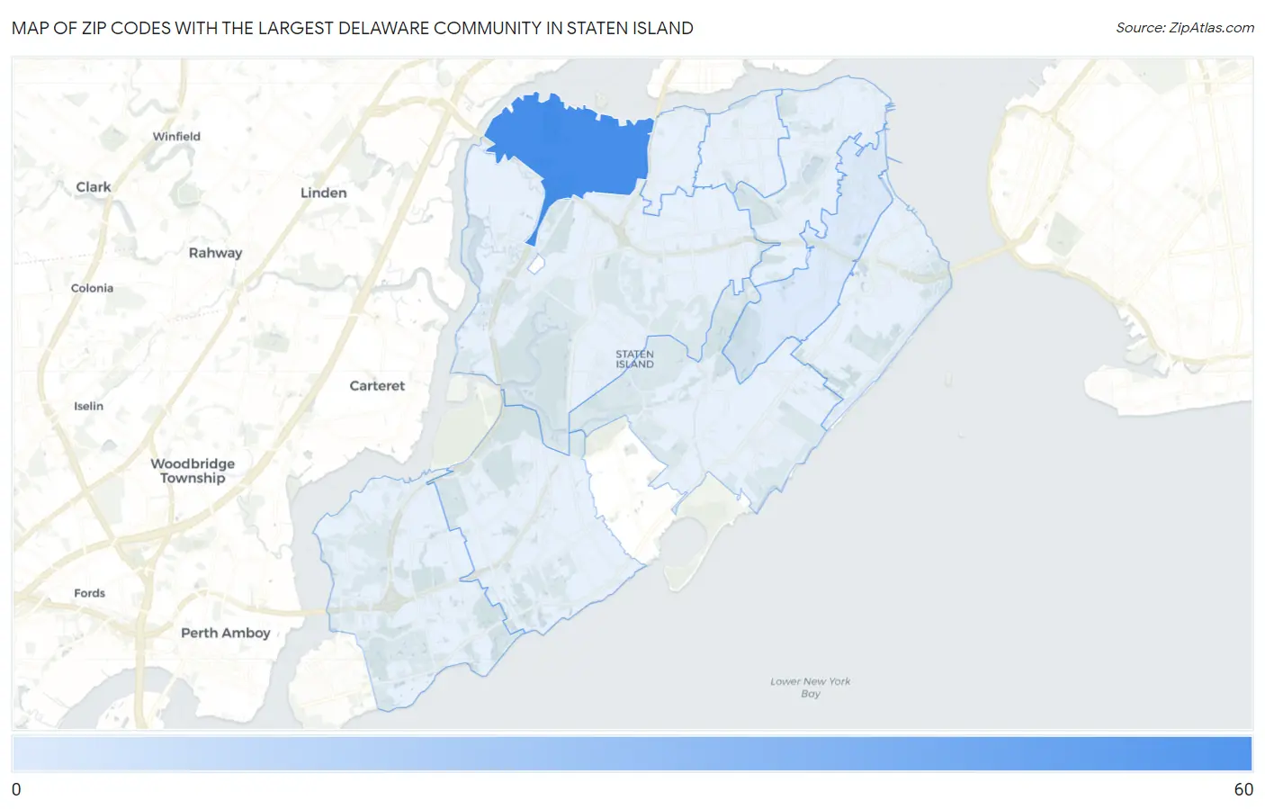 Zip Codes with the Largest Delaware Community in Staten Island Map