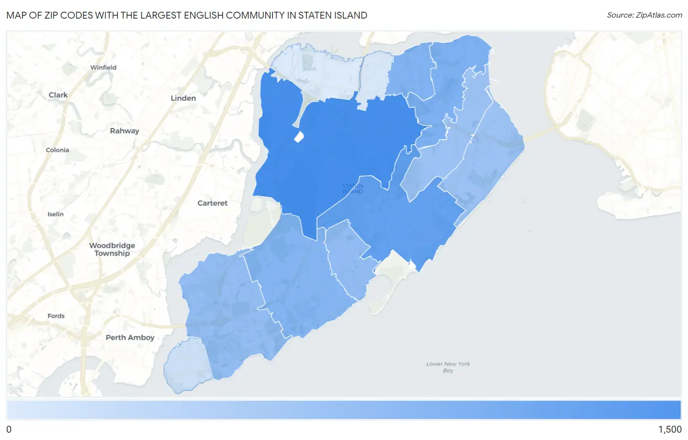 Zip Codes with the Largest English Community in Staten Island Map