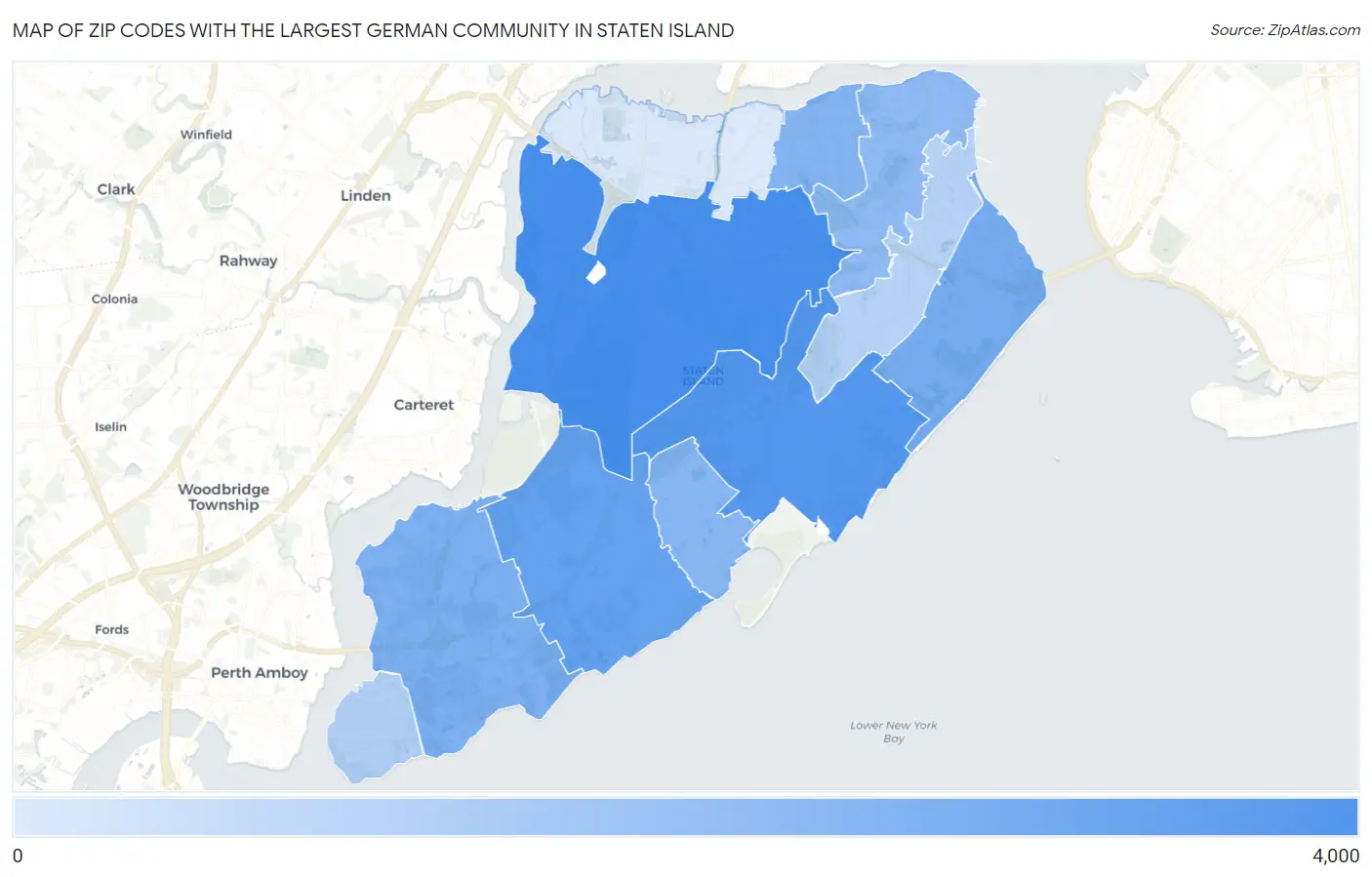 Zip Codes with the Largest German Community in Staten Island Map