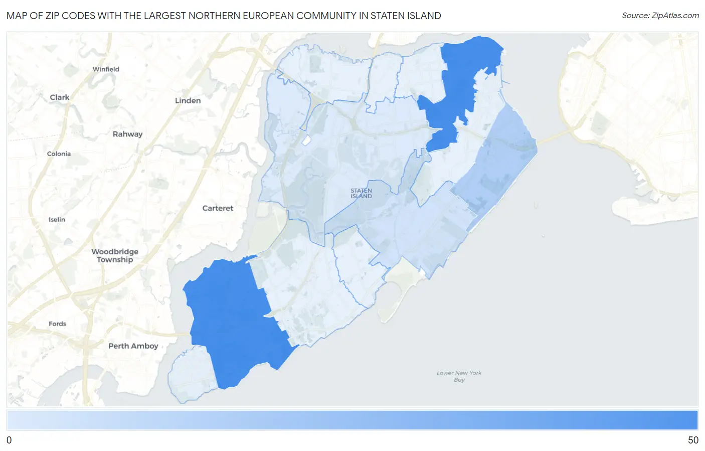 Zip Codes with the Largest Northern European Community in Staten Island Map