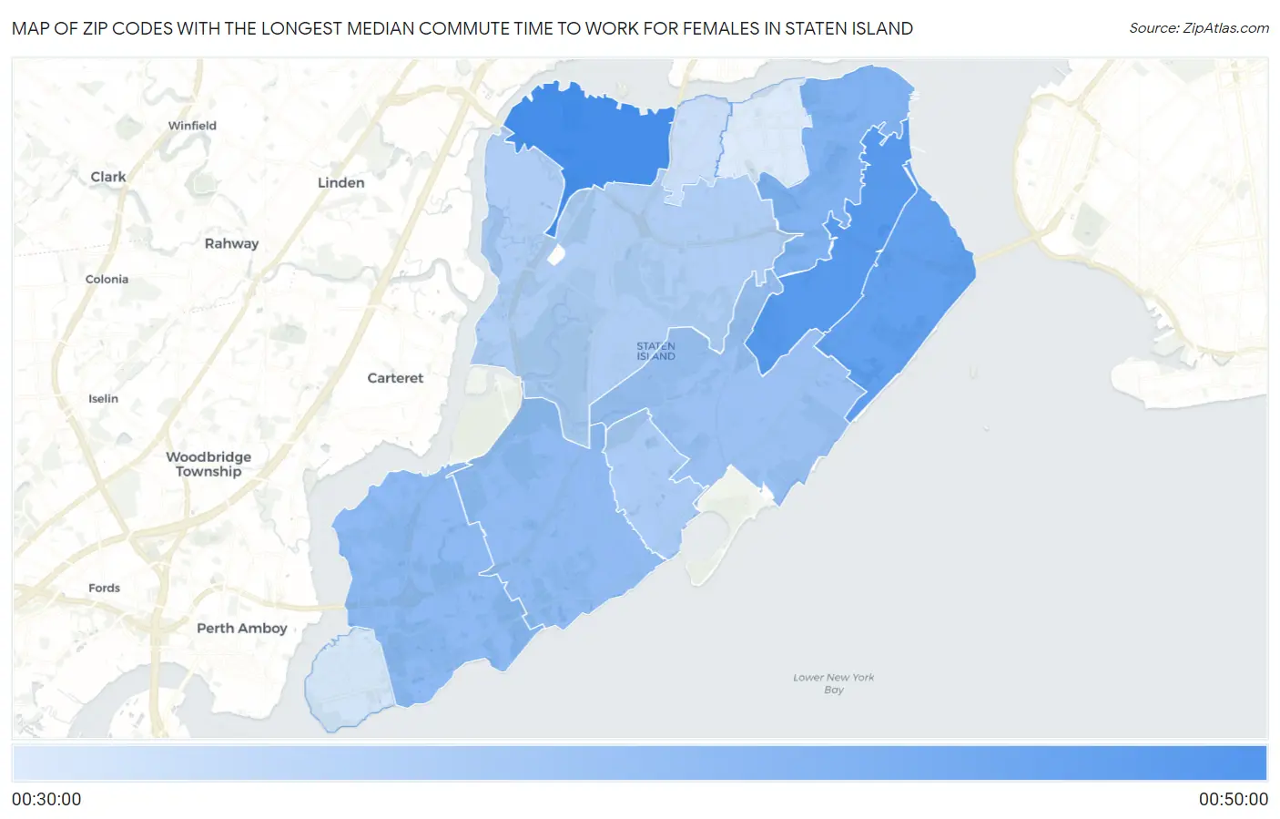 Zip Codes with the Longest Median Commute Time to Work for Females in Staten Island Map