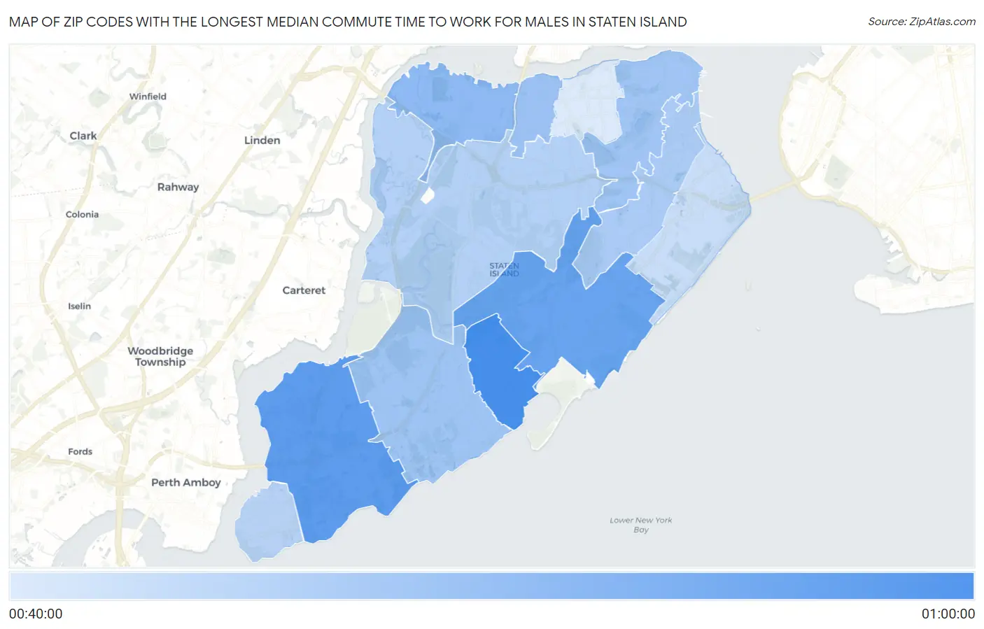 Zip Codes with the Longest Median Commute Time to Work for Males in Staten Island Map