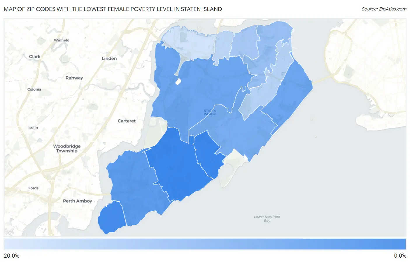 Zip Codes with the Lowest Female Poverty Level in Staten Island Map