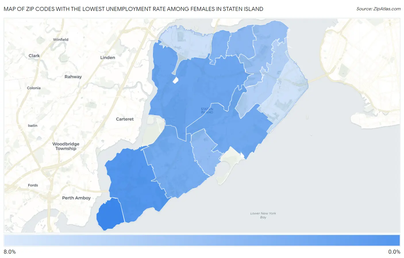 Zip Codes with the Lowest Unemployment Rate Among Females in Staten Island Map
