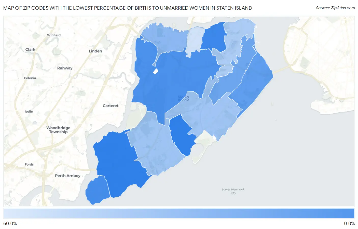 Zip Codes with the Lowest Percentage of Births to Unmarried Women in Staten Island Map