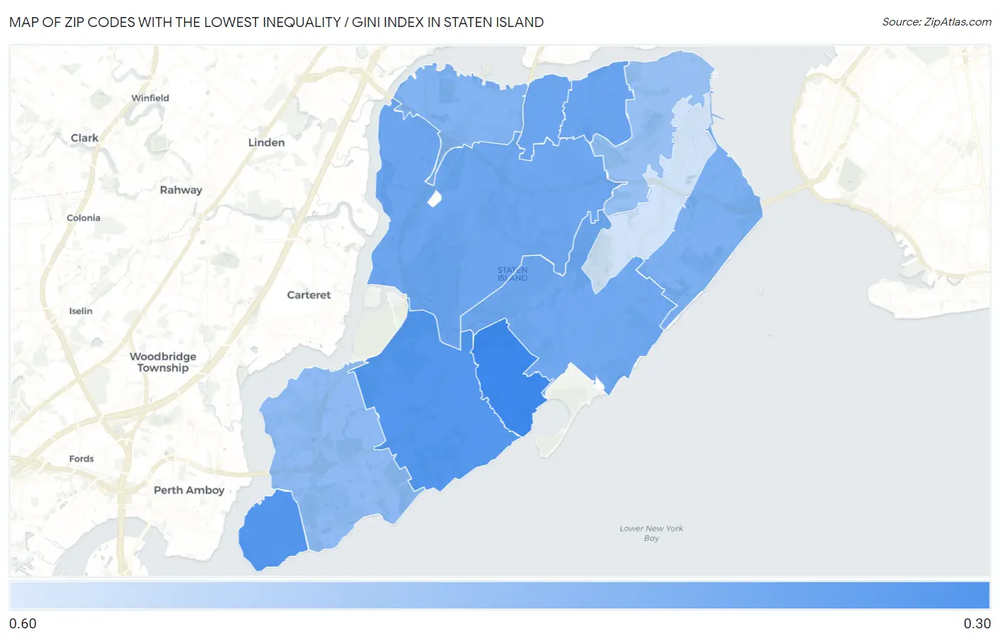 Zip Codes with the Lowest Inequality / Gini Index in Staten Island Map