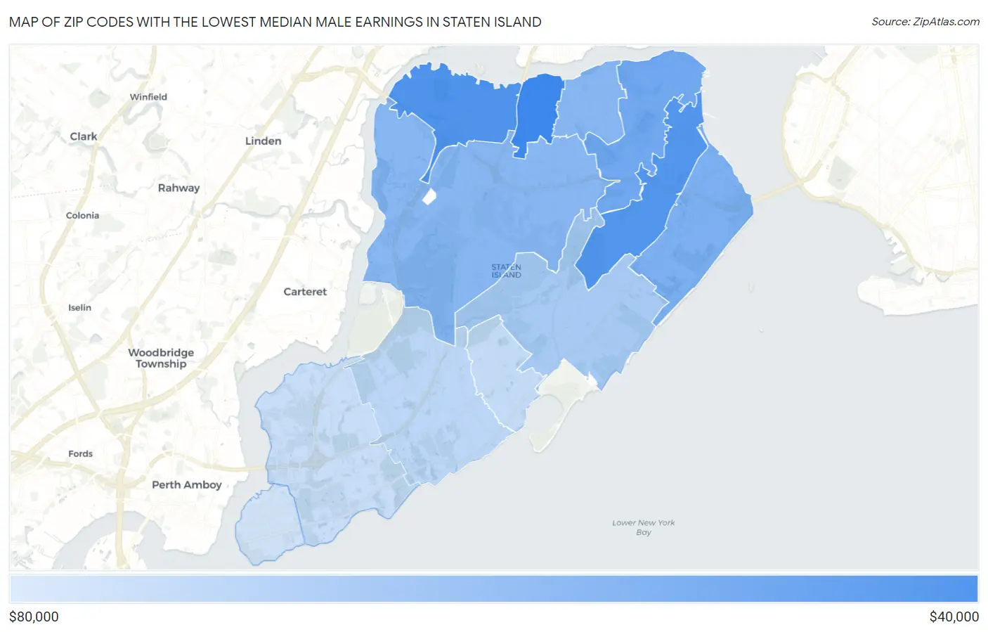 Zip Codes with the Lowest Median Male Earnings in Staten Island Map